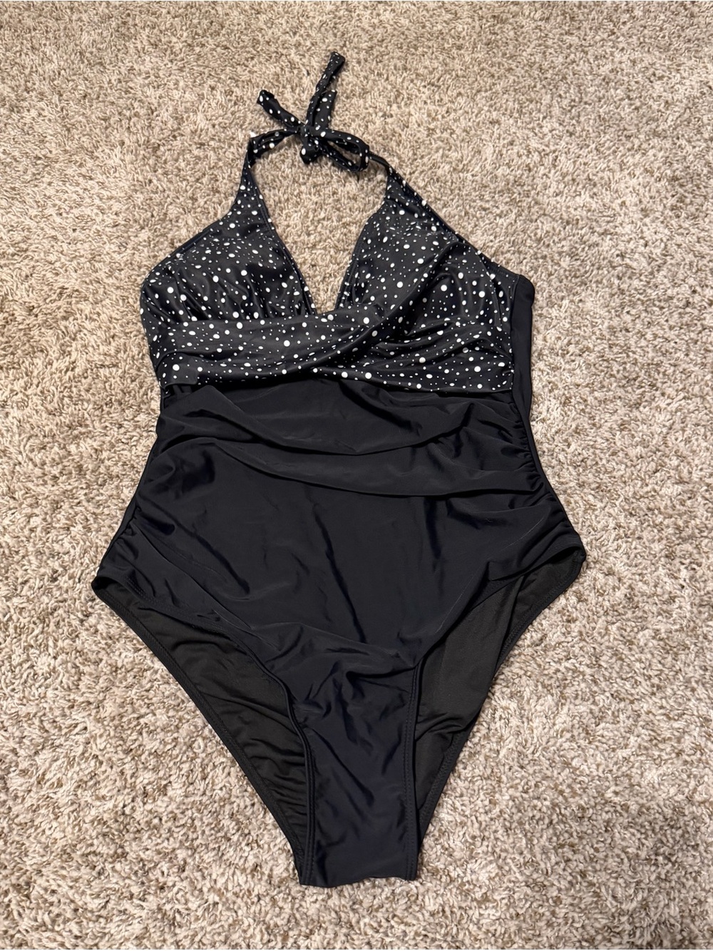 Classic Black Halter One-Piece Swimsuit with Polka Dot Detail